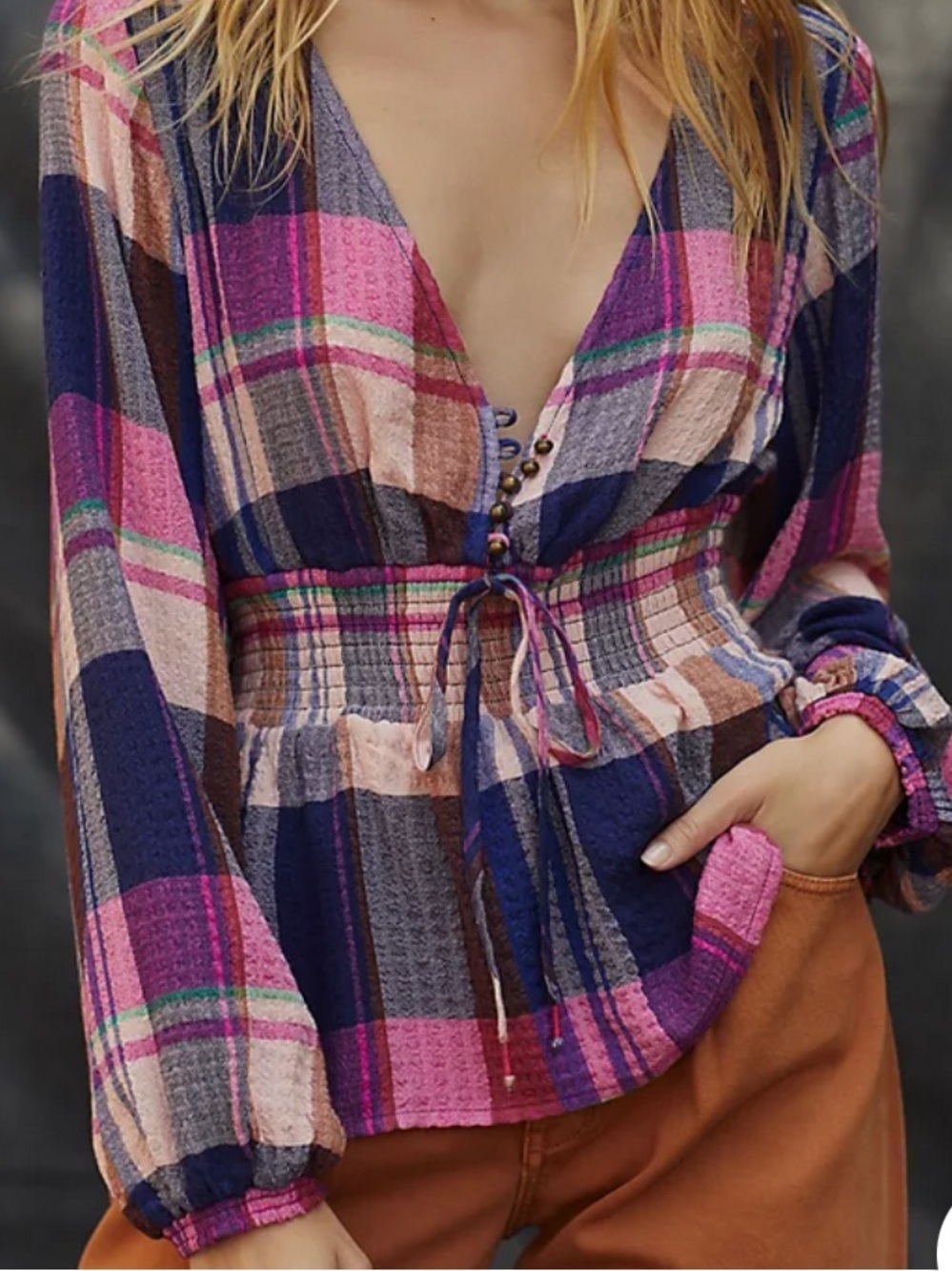 Anthropologie Pilcro Plaid Deep-V Blouse Smocked Elastic Waist Sz XS